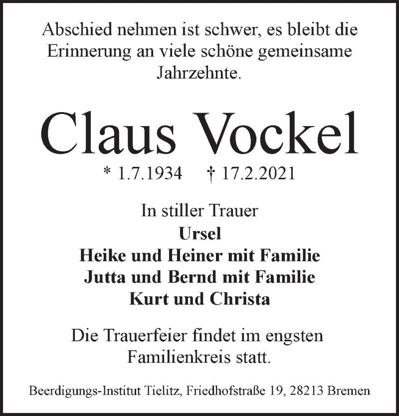 Traueranzeige von Claus Vockel von WESER-KURIER