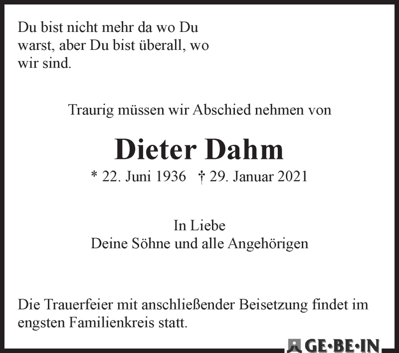  Traueranzeige für Dieter Dahm vom 06.02.2021 aus WESER-KURIER