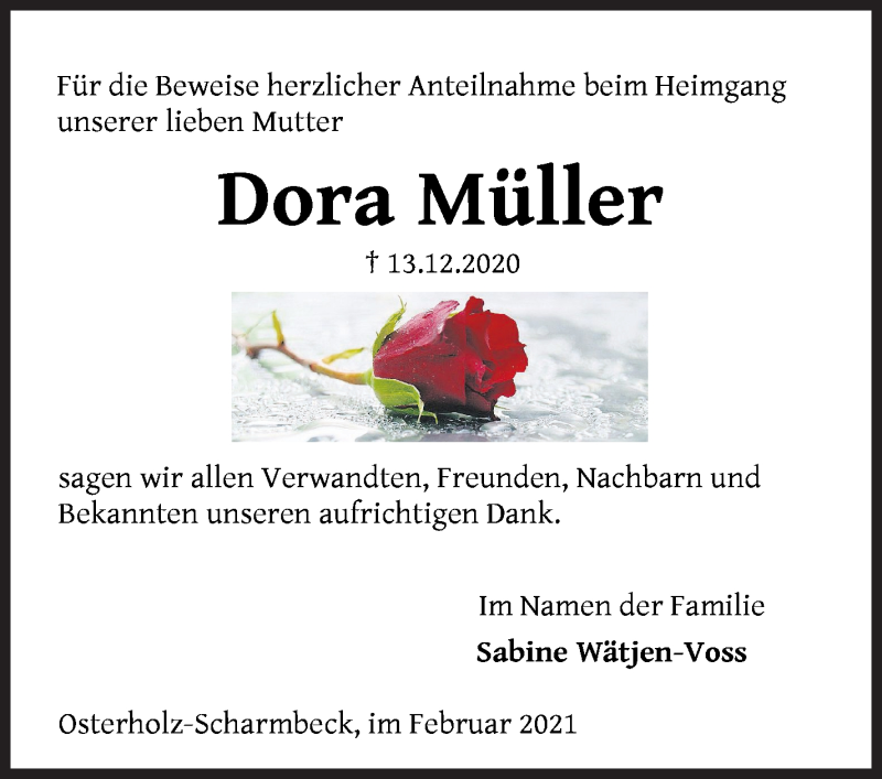 Traueranzeige von Dora Müller von Osterholzer Kreisblatt