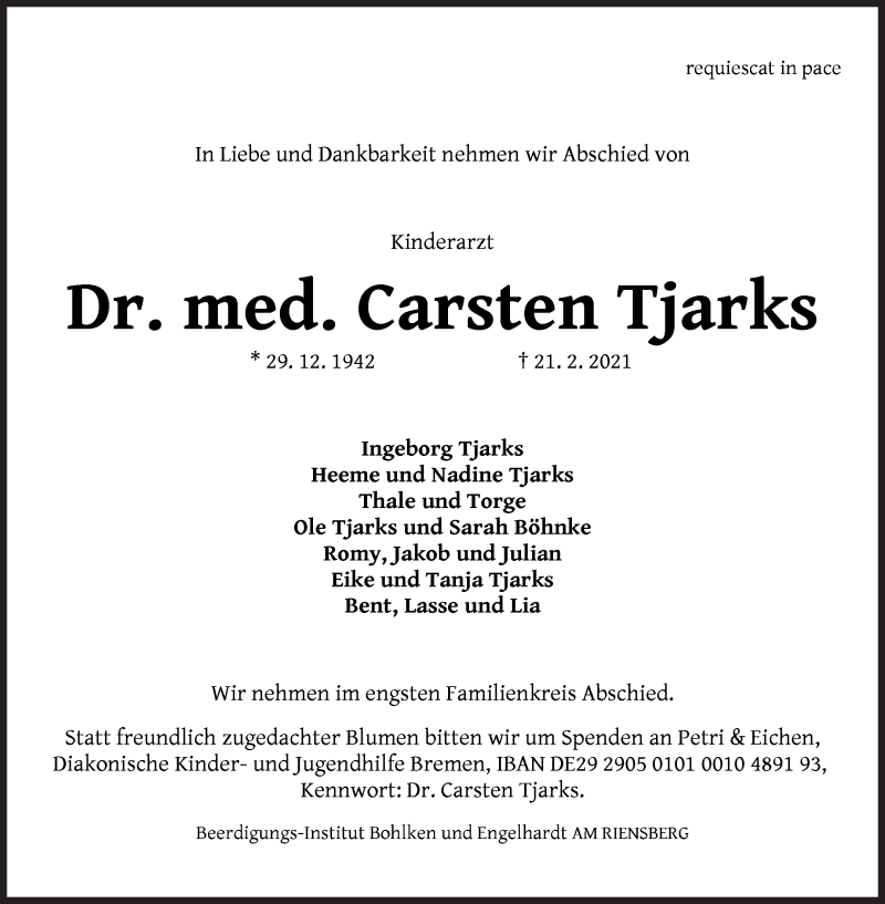  Traueranzeige für Carsten Tjarks vom 27.02.2021 aus WESER-KURIER