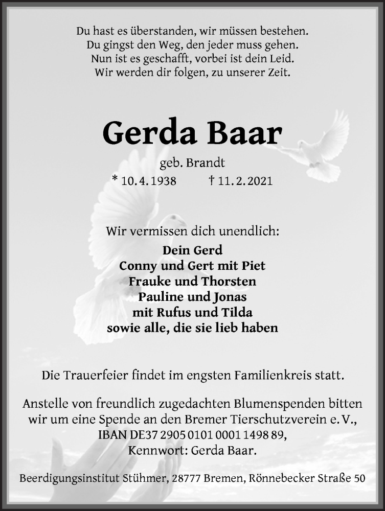  Traueranzeige für Gerda Baar vom 17.02.2021 aus WESER-KURIER