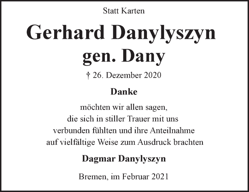 Traueranzeige von Gerhard Danylyszyn von WESER-KURIER