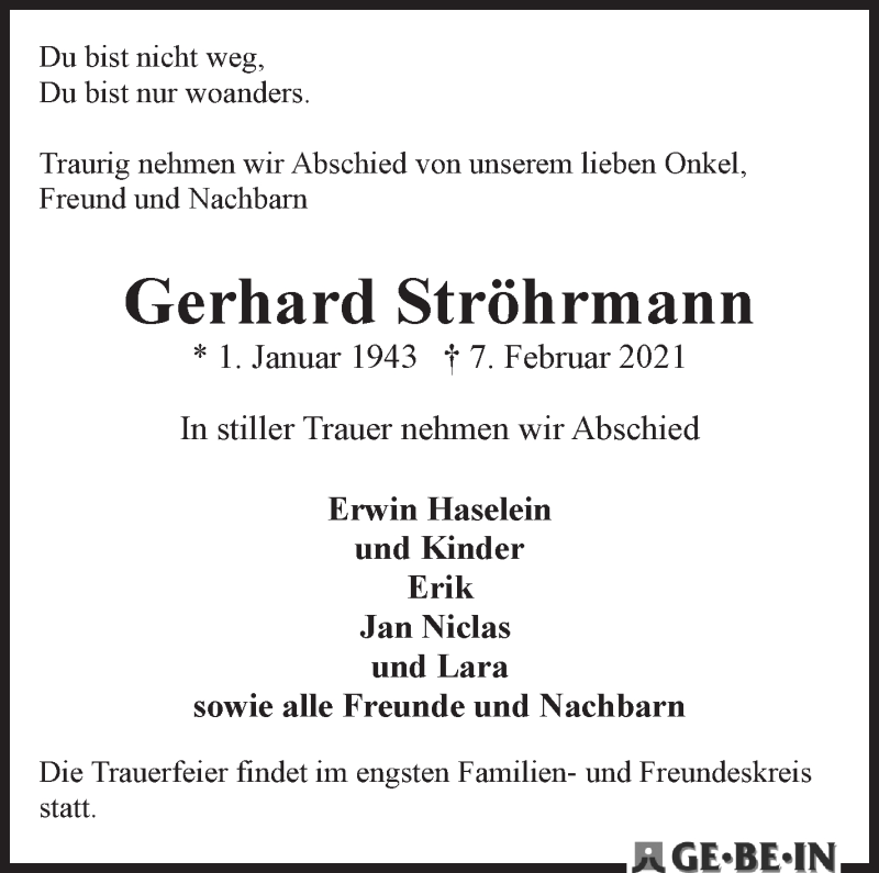 Traueranzeige von Gerhard Ströhrmann von Die Norddeutsche