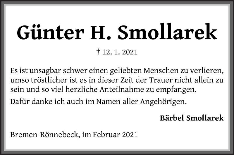  Traueranzeige für Günter H. Smollarek vom 13.02.2021 aus Die Norddeutsche