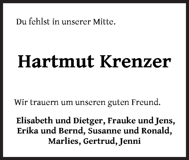  Traueranzeige für Hartmut Krenzer vom 20.02.2021 aus WESER-KURIER