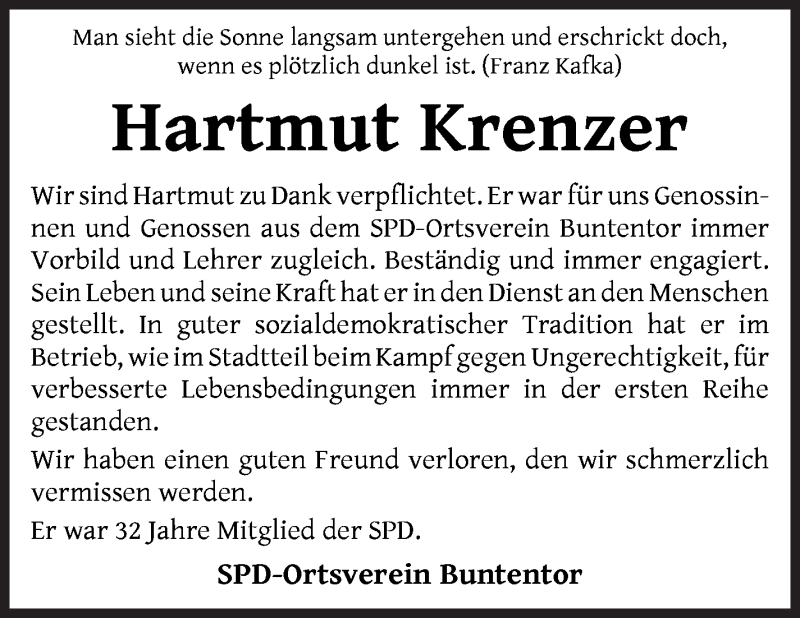  Traueranzeige für Hartmut Krenzer vom 20.02.2021 aus WESER-KURIER