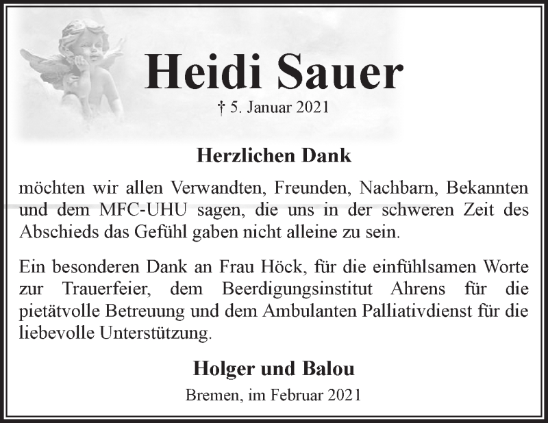  Traueranzeige für Heidi Sauer vom 27.02.2021 aus WESER-KURIER