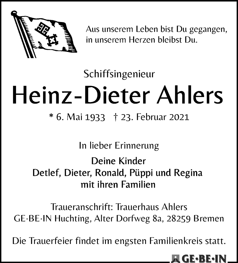 Traueranzeige für Heinz-Dieter Ahlers vom 27.02.2021 aus WESER-KURIER