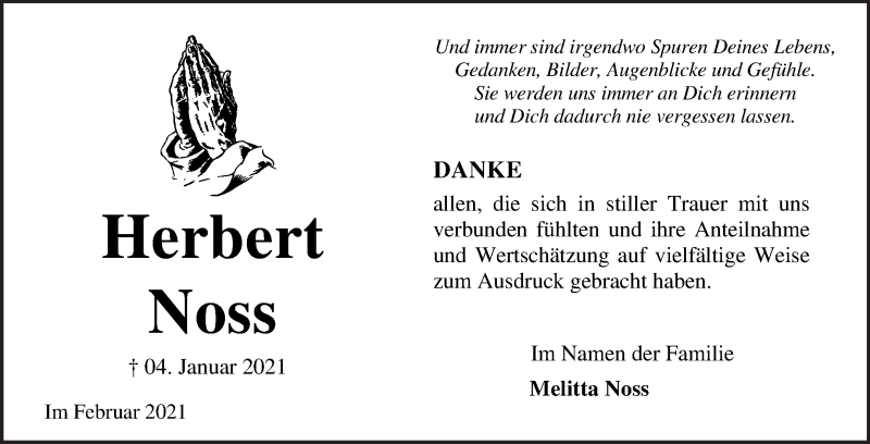 Traueranzeige für Herbert Noss vom 20.02.2021 aus Osterholzer Kreisblatt