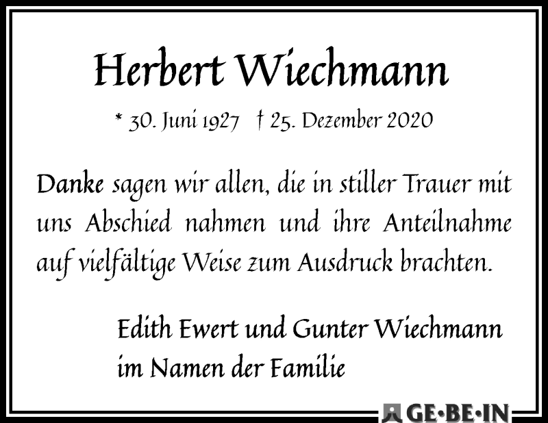 Traueranzeige von Herbert Wiechmann von WESER-KURIER