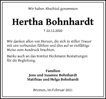 Traueranzeige von Hertha Bohnhardt