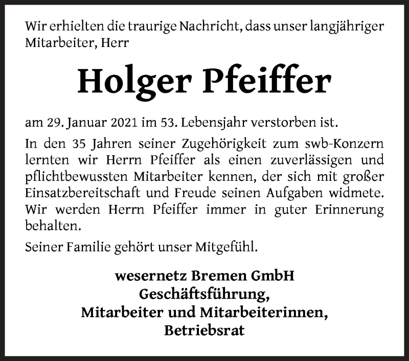  Traueranzeige für Holger Pfeiffer vom 06.02.2021 aus WESER-KURIER