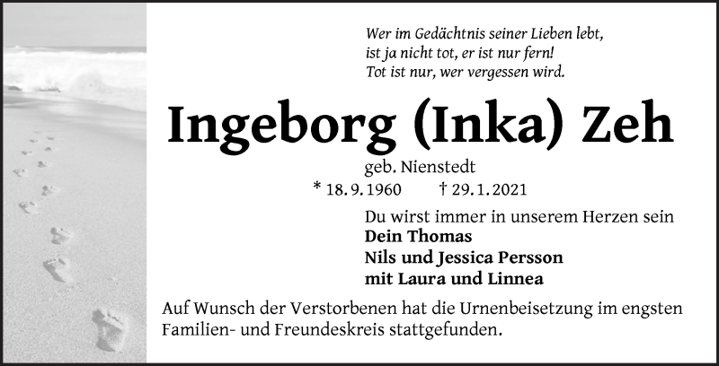  Traueranzeige für Ingeborg Zeh vom 13.02.2021 aus Regionale Rundschau/Syker Kurier