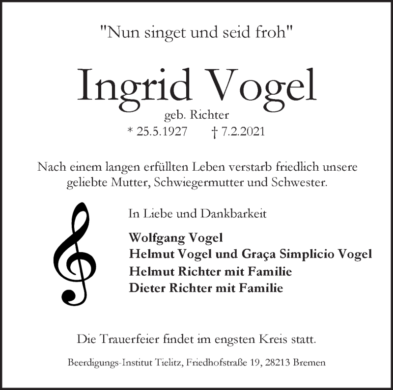  Traueranzeige für Ingrid Vogel vom 20.02.2021 aus WESER-KURIER