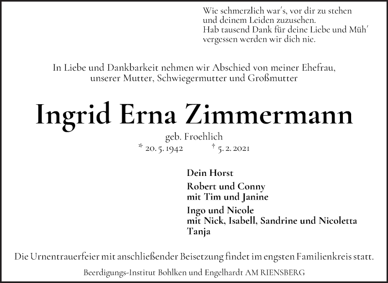 Traueranzeige von Ingrid Erna Zimmermann von WESER-KURIER