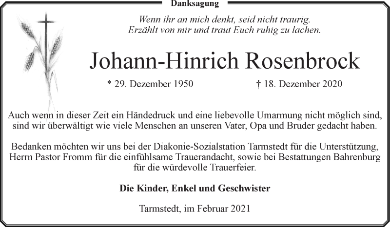 Traueranzeige von Johann-Hinrich Rosenbrock von Wuemme Zeitung