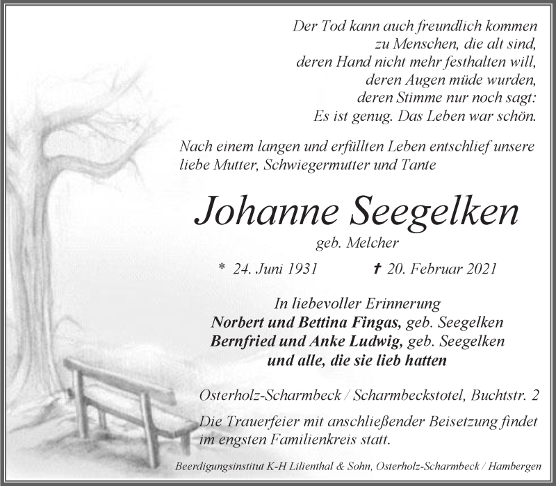  Traueranzeige für Johanne Seegelken vom 24.02.2021 aus Osterholzer Kreisblatt