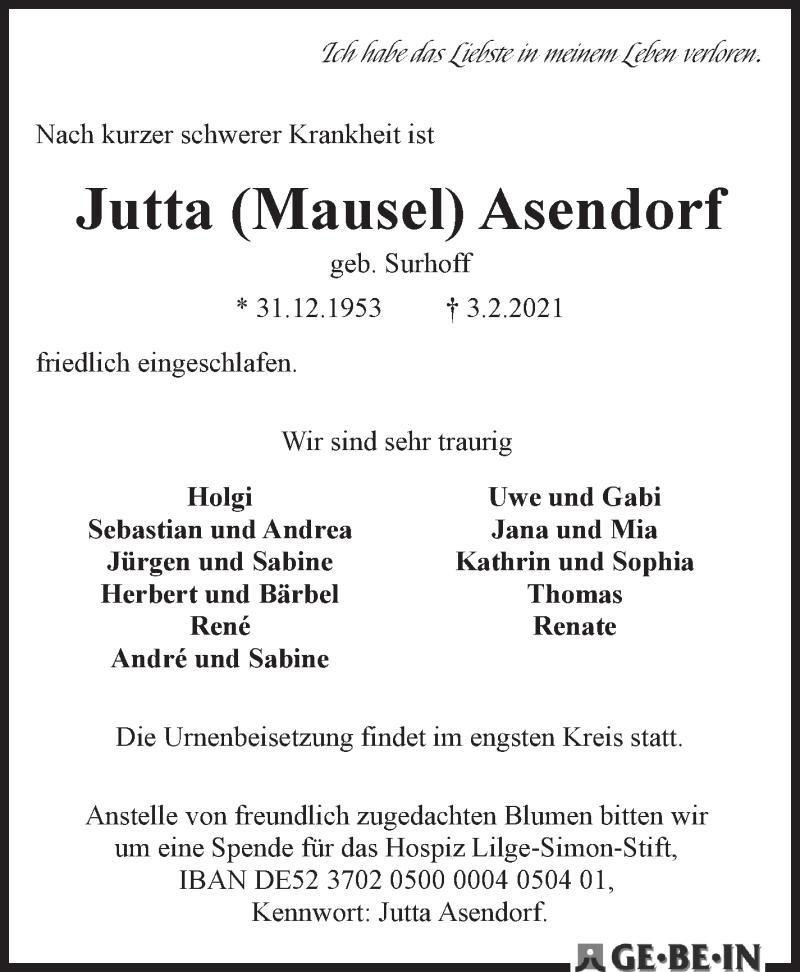 Traueranzeige für Jutta Asendorf vom 06.02.2021 aus WESER-KURIER