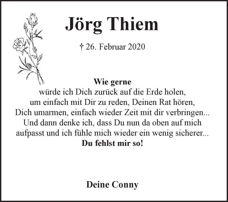 Traueranzeige von Jörg Thiem von Wuemme Zeitung