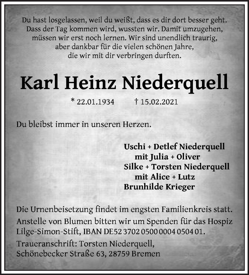  Traueranzeige für Karl-Heinz Niederquell vom 20.02.2021 aus Die Norddeutsche