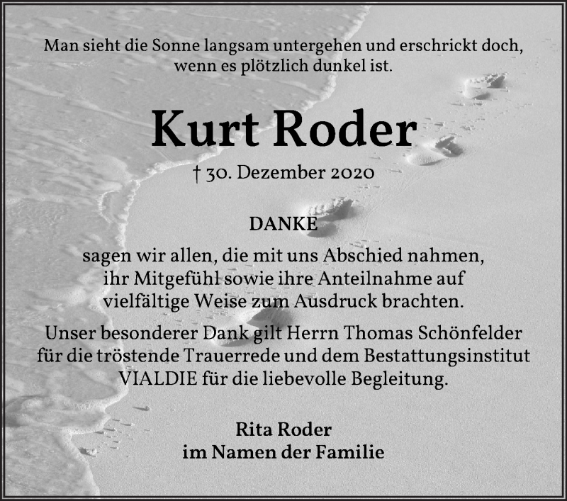  Traueranzeige für Kurt Roder vom 20.02.2021 aus WESER-KURIER