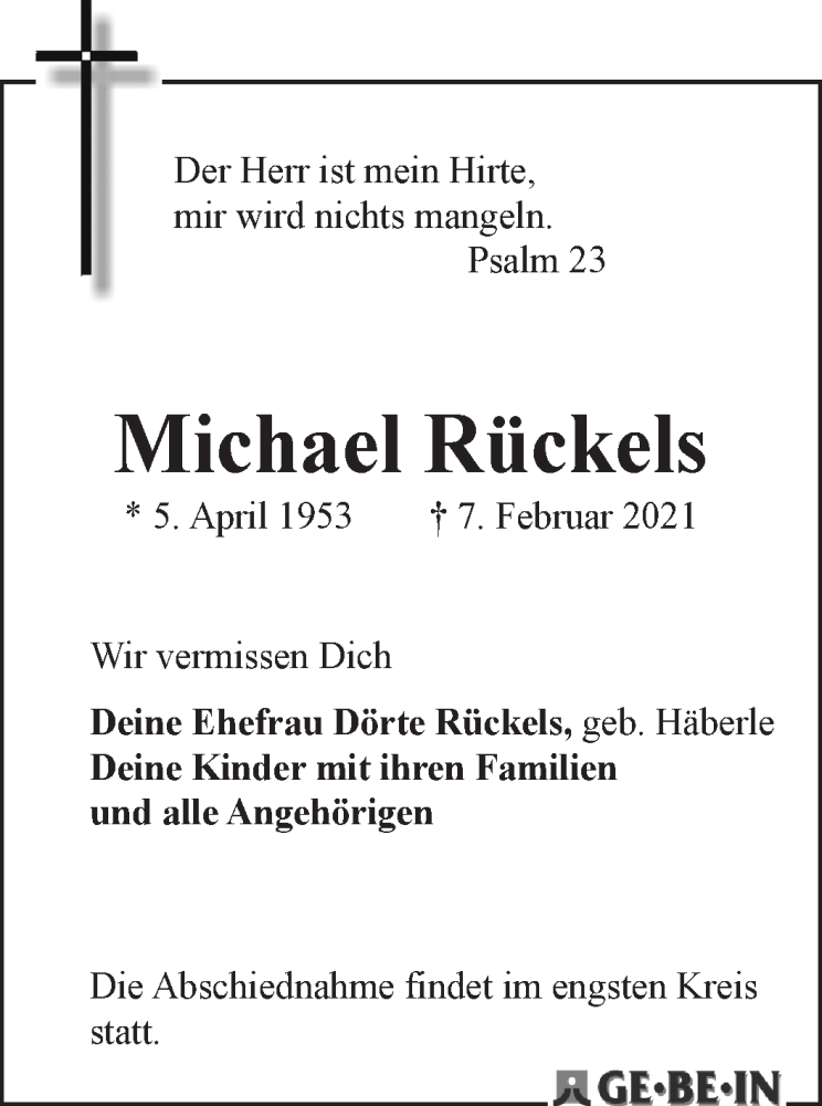  Traueranzeige für Michael Rückels vom 13.02.2021 aus WESER-KURIER