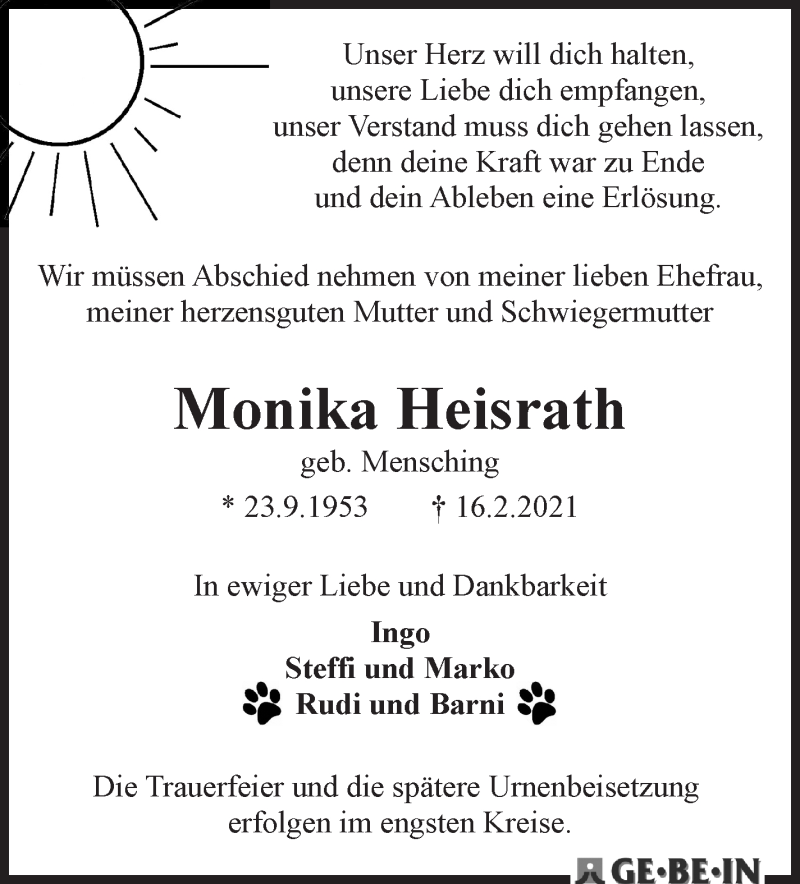 Traueranzeige für Monika Heisrath vom 20.02.2021 aus WESER-KURIER