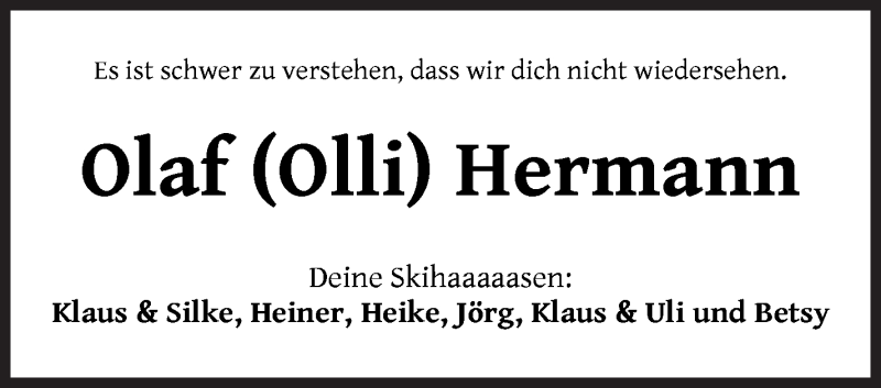  Traueranzeige für Olaf Hermann vom 20.02.2021 aus WESER-KURIER