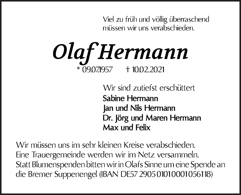  Traueranzeige für Olaf Hermann vom 13.02.2021 aus WESER-KURIER