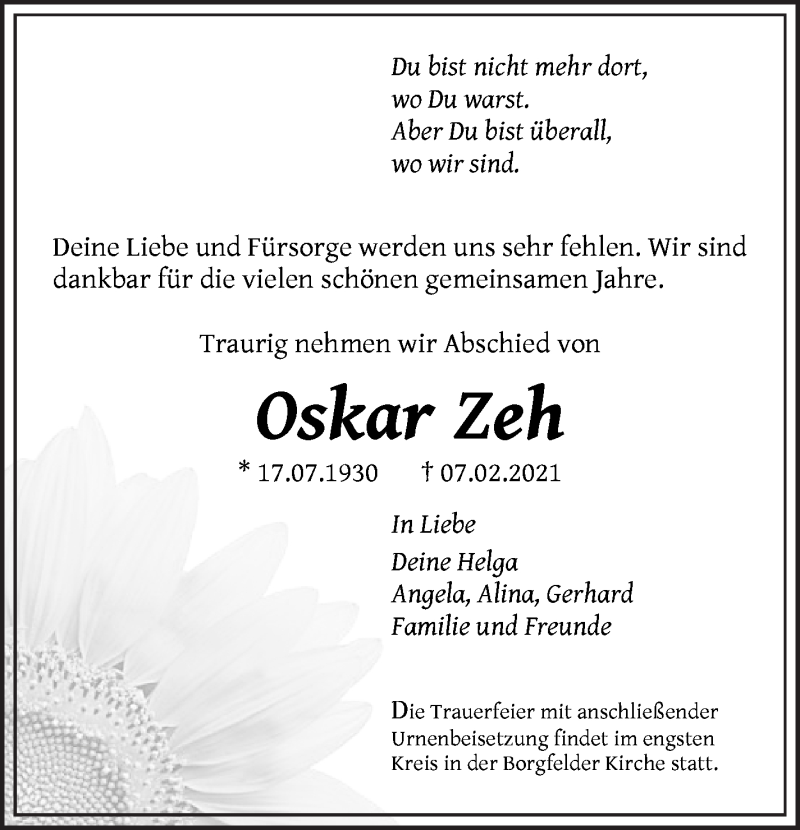  Traueranzeige für Oskar Zeh vom 13.02.2021 aus WESER-KURIER