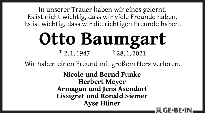 Traueranzeige für Otto Baumgart vom 13.02.2021 aus WESER-KURIER
