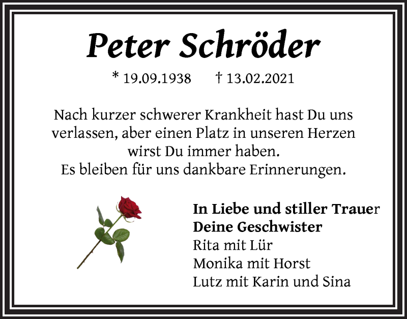  Traueranzeige für Peter Schröder vom 20.02.2021 aus WESER-KURIER