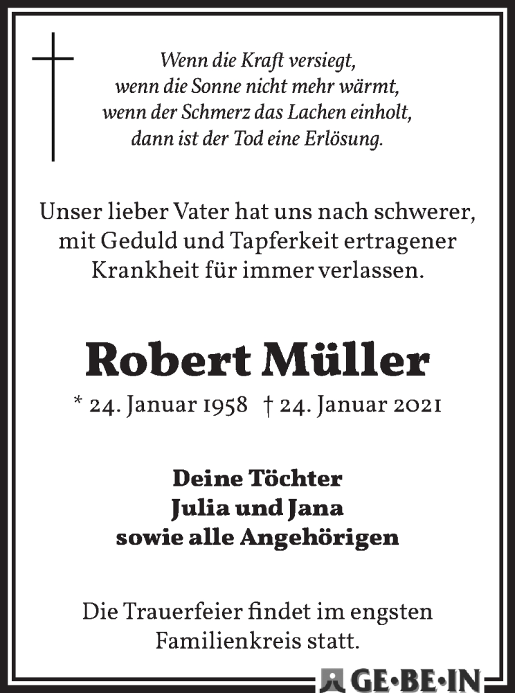  Traueranzeige für Robert Müller vom 03.02.2021 aus WESER-KURIER