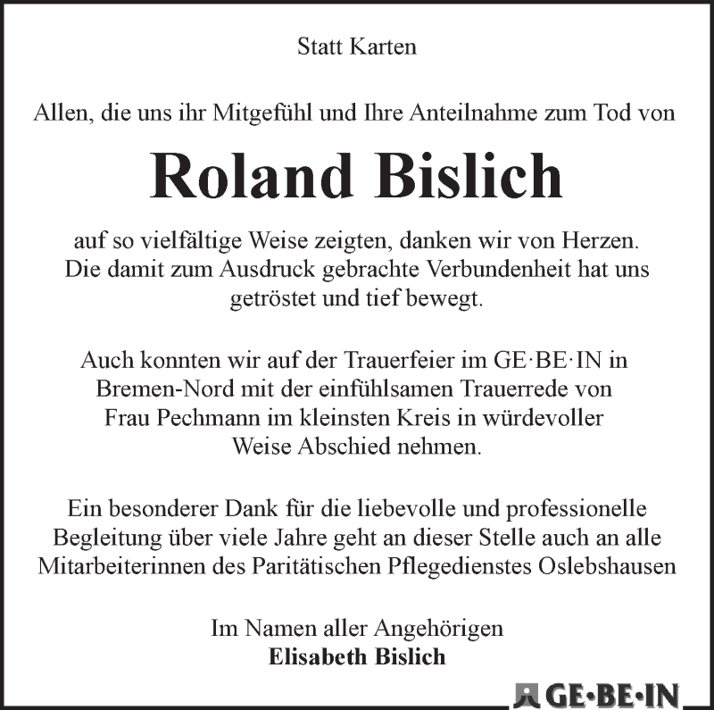 Traueranzeige von Roland Bislich von WESER-KURIER
