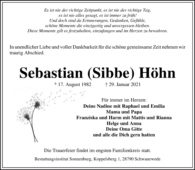 Traueranzeige von Sebastian Höhn von Osterholzer Kreisblatt