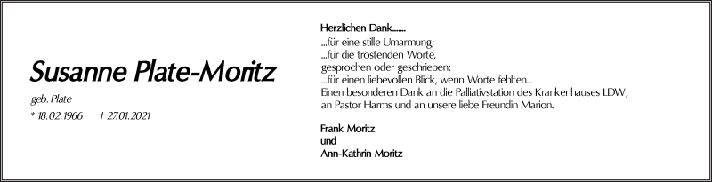  Traueranzeige für Susanne Plate-Moritz vom 13.02.2021 aus WESER-KURIER