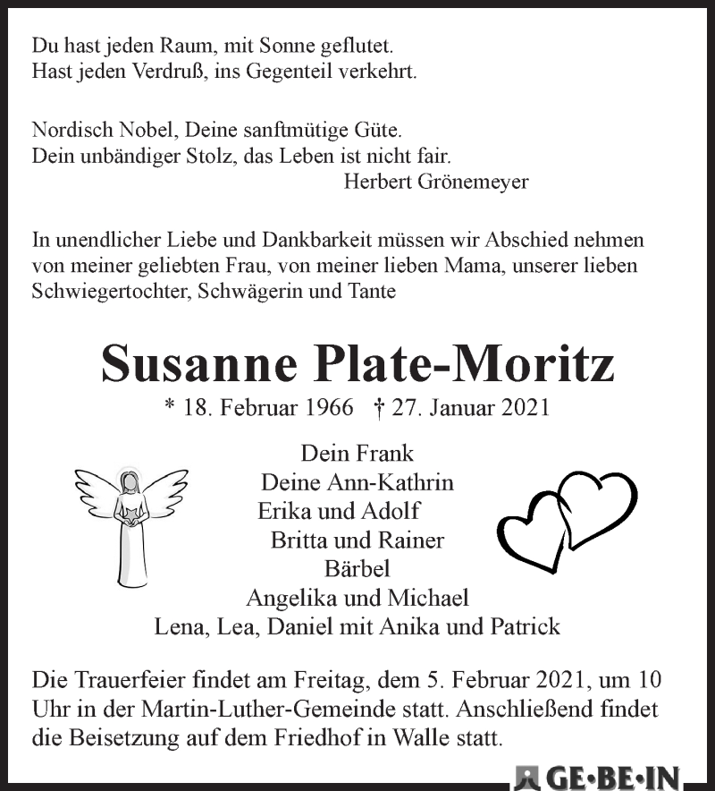  Traueranzeige für Susanne Plate-Moritz vom 03.02.2021 aus WESER-KURIER
