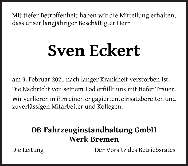  Traueranzeige für Sven Eckert vom 24.02.2021 aus WESER-KURIER