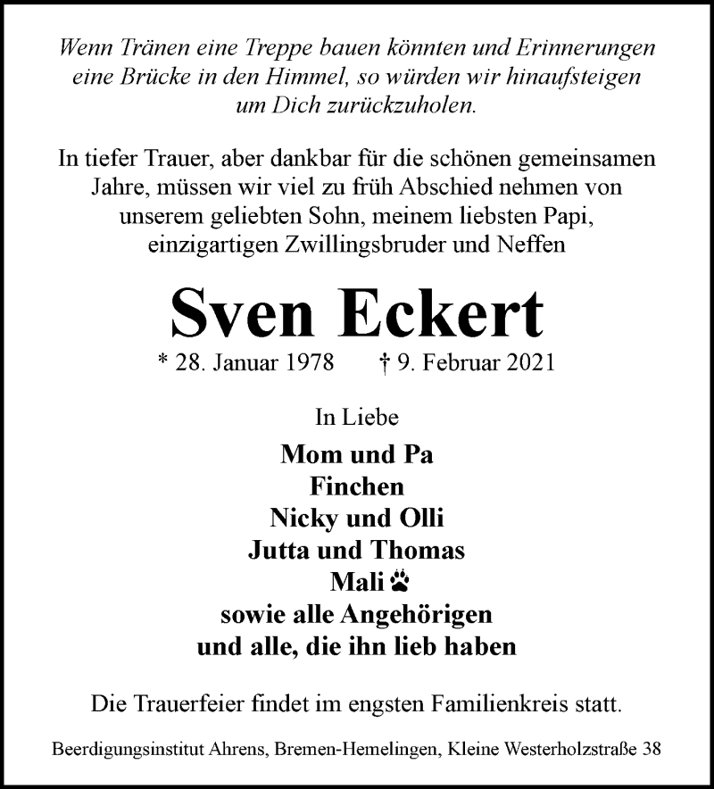  Traueranzeige für Sven Eckert vom 13.02.2021 aus WESER-KURIER