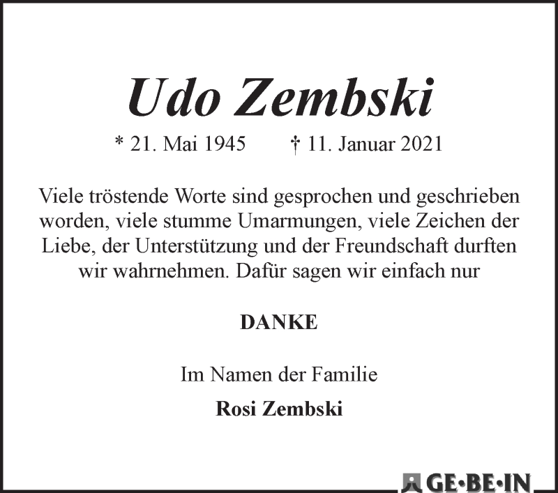  Traueranzeige für Udo Zembski vom 06.02.2021 aus WESER-KURIER