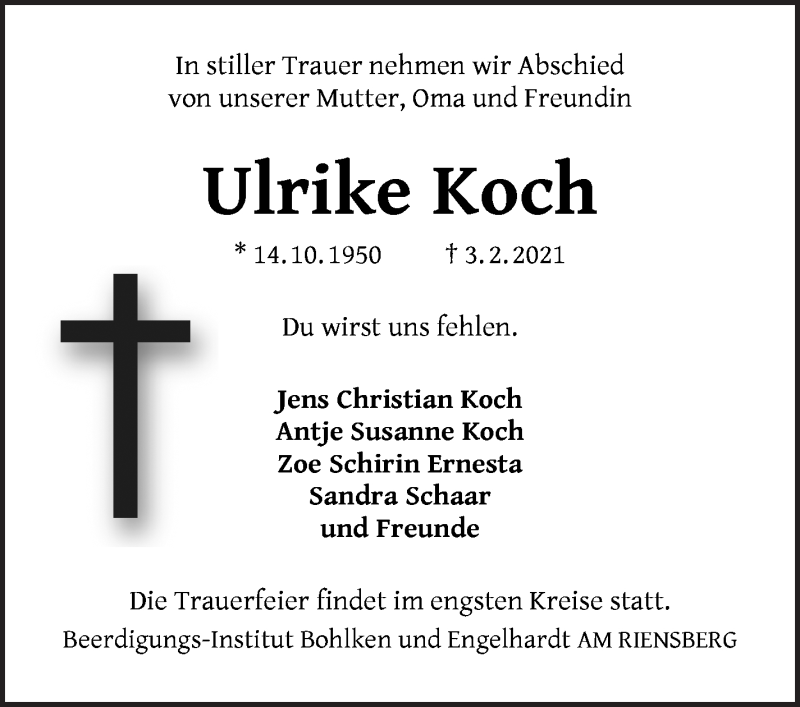  Traueranzeige für Ulrike Koch vom 13.02.2021 aus WESER-KURIER
