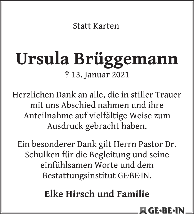Traueranzeige von Ursula Brüggemann von WESER-KURIER