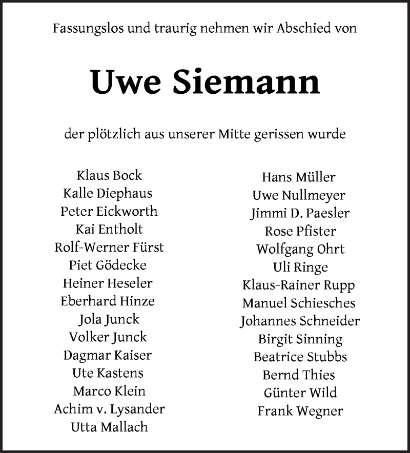  Traueranzeige für Uwe Siemann vom 13.02.2021 aus WESER-KURIER