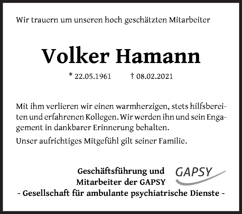  Traueranzeige für Volker Hamann vom 20.02.2021 aus WESER-KURIER