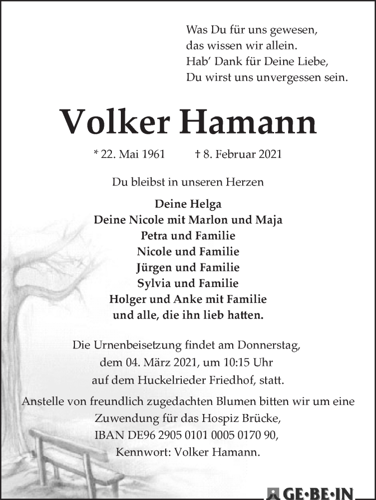  Traueranzeige für Volker Hamann vom 20.02.2021 aus WESER-KURIER