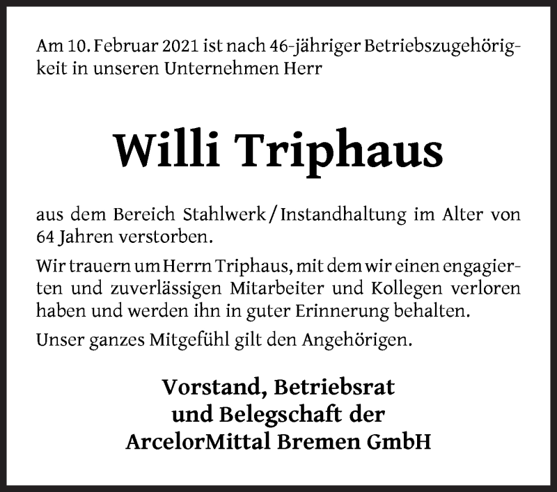  Traueranzeige für Willi Triphaus vom 20.02.2021 aus WESER-KURIER