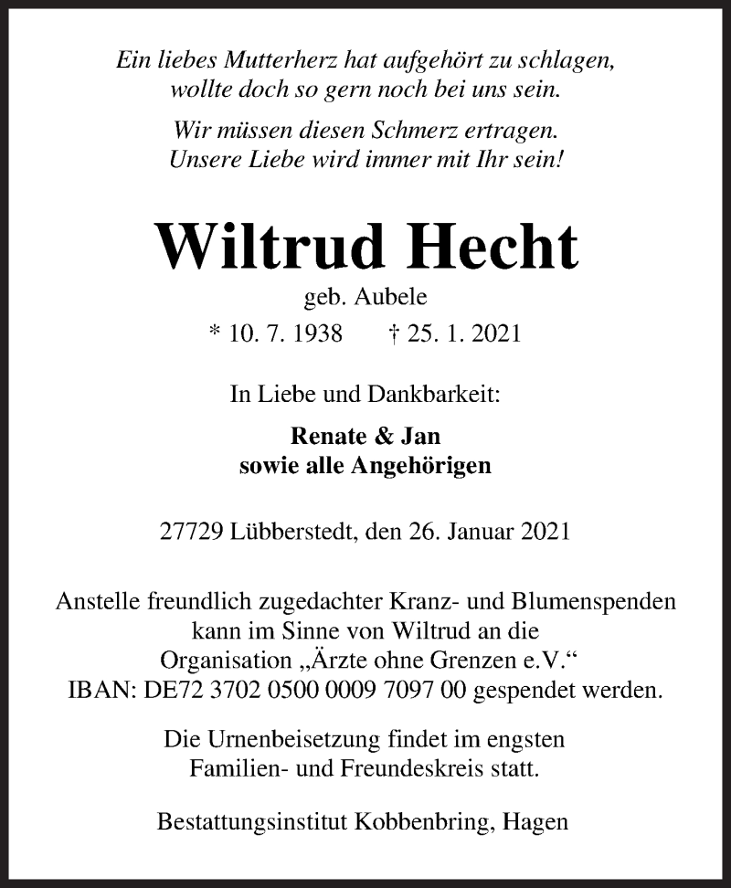  Traueranzeige für Wiltrud Hecht vom 06.02.2021 aus Osterholzer Kreisblatt