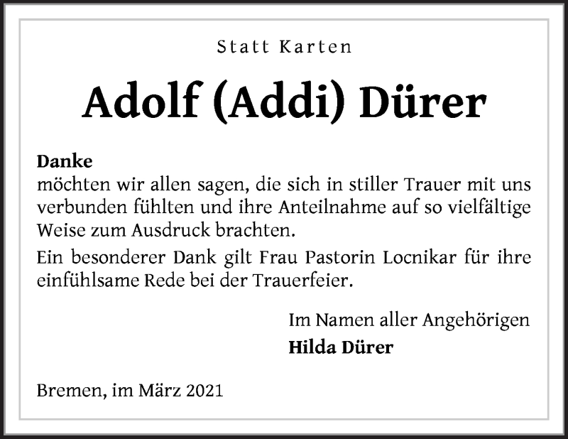 Traueranzeige von Adolf (Addi) Dürer von WESER-KURIER