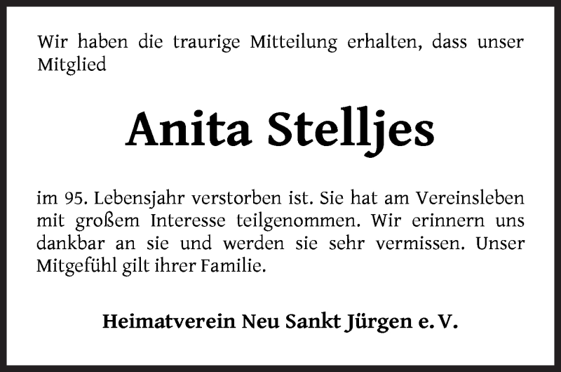  Traueranzeige für Anita Stelljes vom 27.03.2021 aus Wuemme Zeitung