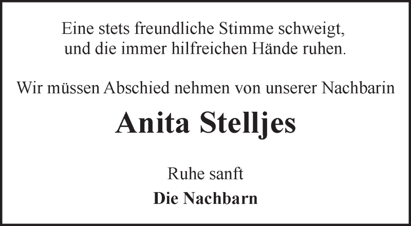  Traueranzeige für Anita Stelljes vom 26.03.2021 aus Wuemme Zeitung